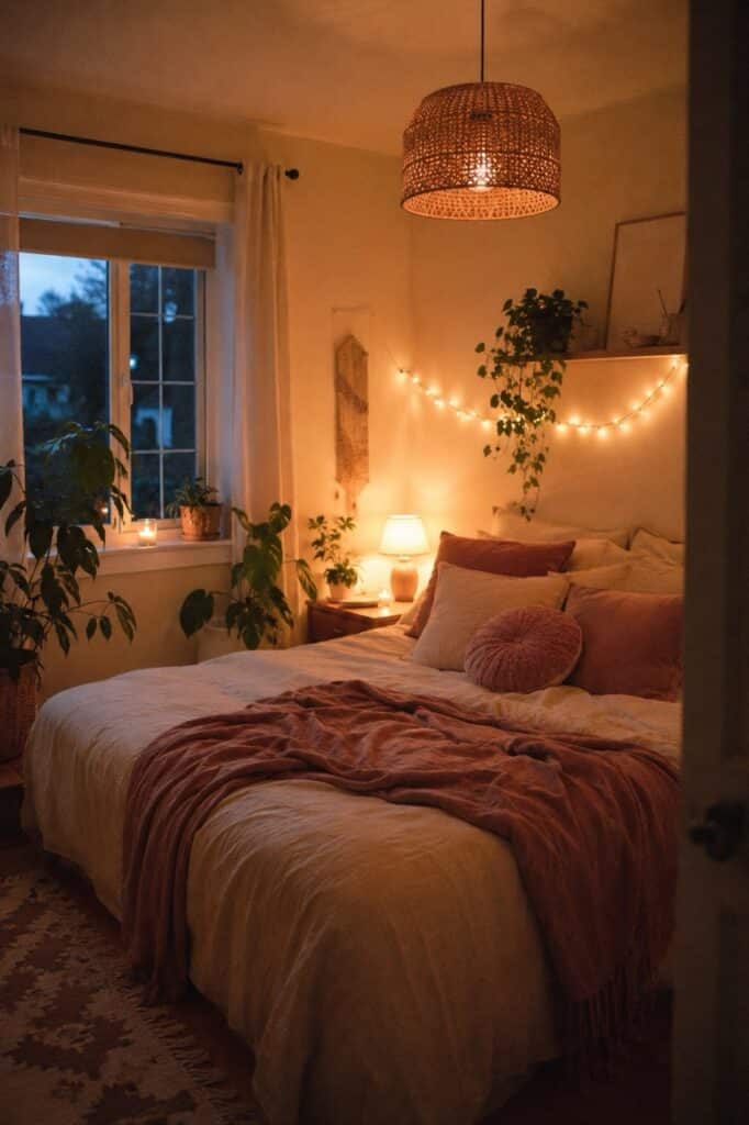 kleines-schlafzimmer-warmes-lichtkonzept-boho