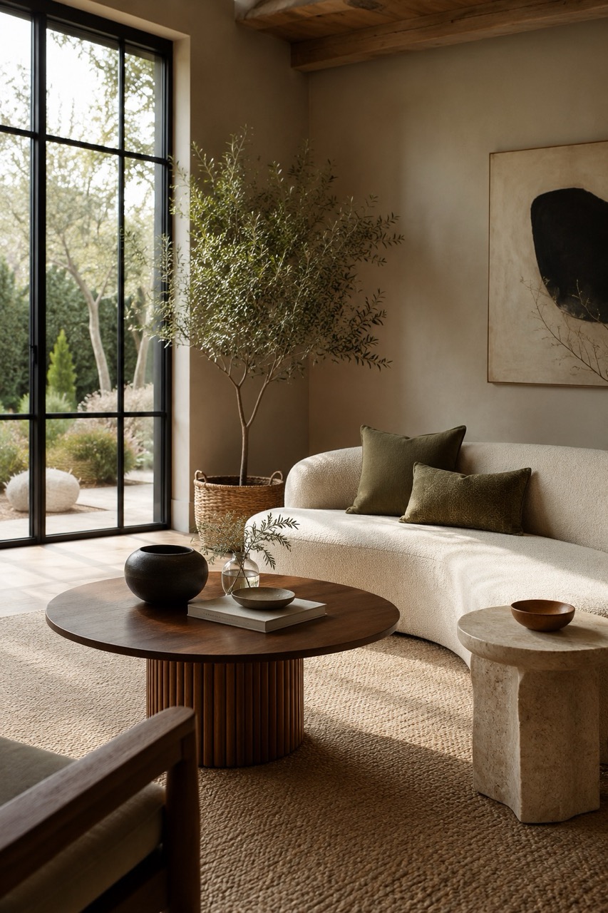wohnzimmer-farben-modern-greige-olivgruen-holz wohnzimmer-farben-modern-greige-olivgruen-holz